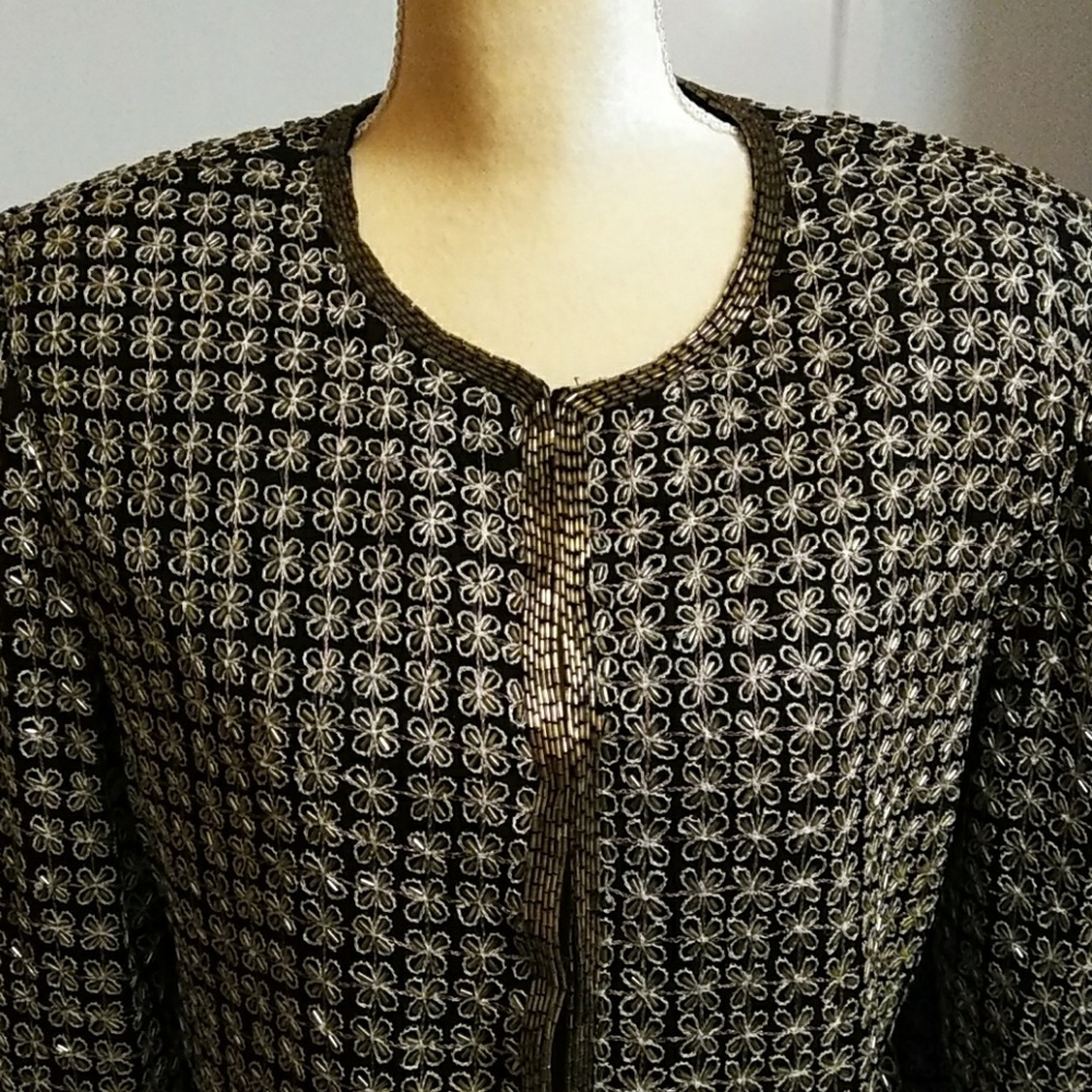 Vintage Laurence Kazar Black Silk Jacket with Gold Bugle Beads – Size PXL - Picture 2 of 8